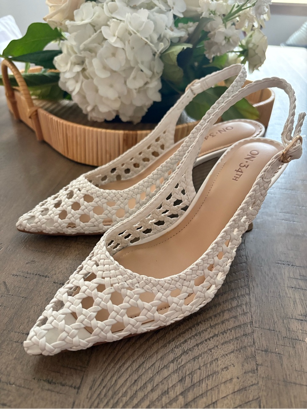 White Woven Slingback Pointed-Toe Heels